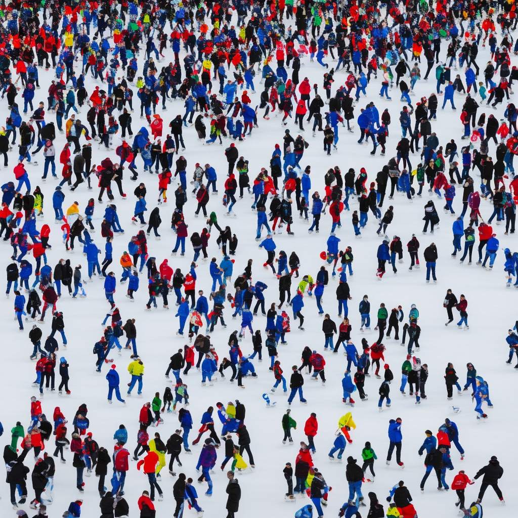 Aerial view of large crowd ice skating on frozen surface in winter