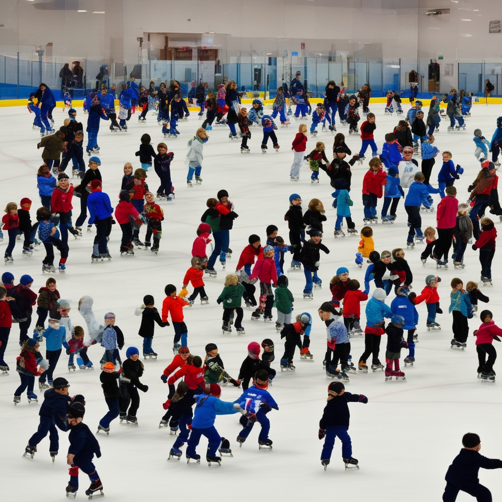 Large group of children and adults ice skating together at indoor skating rink