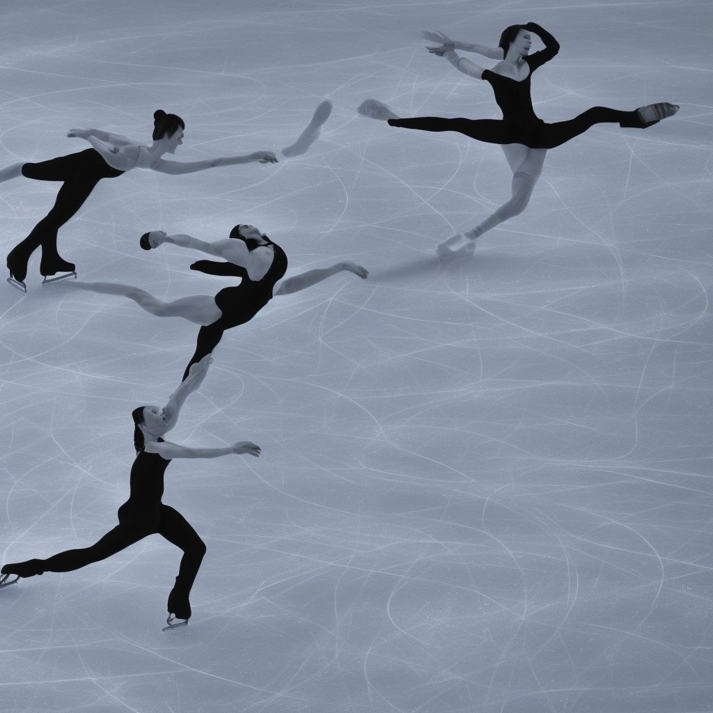 Multiple figure skaters in black attire performing on ice with graceful poses