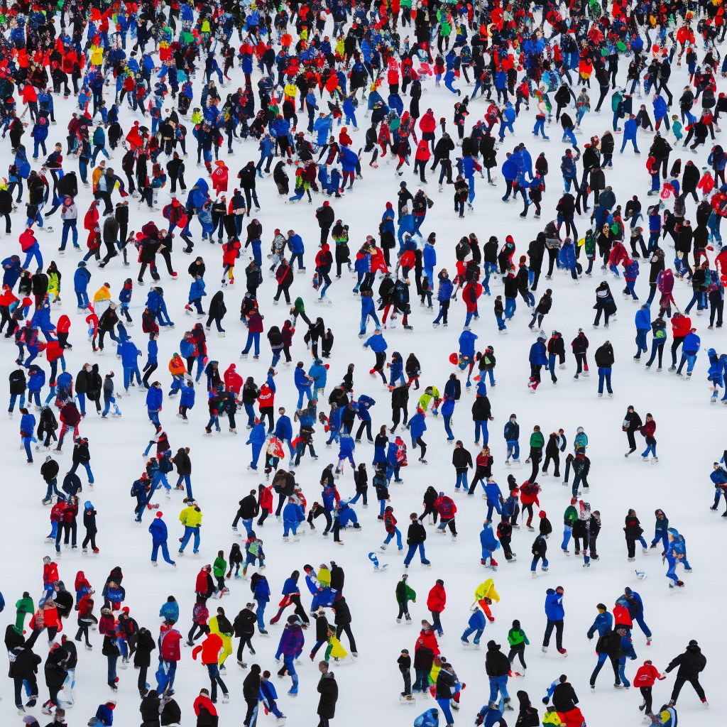 Aerial view of large crowd ice skating on frozen surface in winter