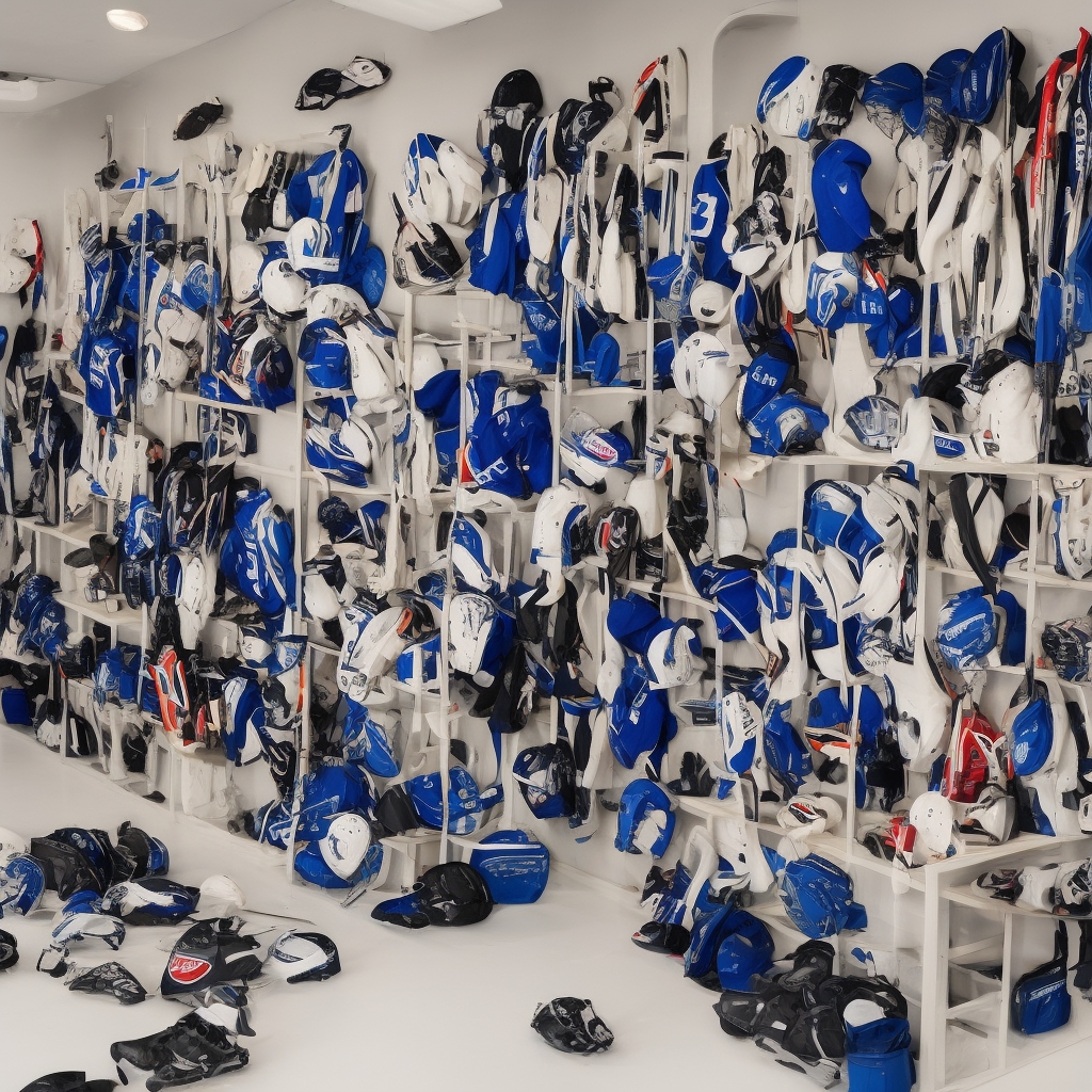 Hockey equipment storage room with blue and white gear on white shelving