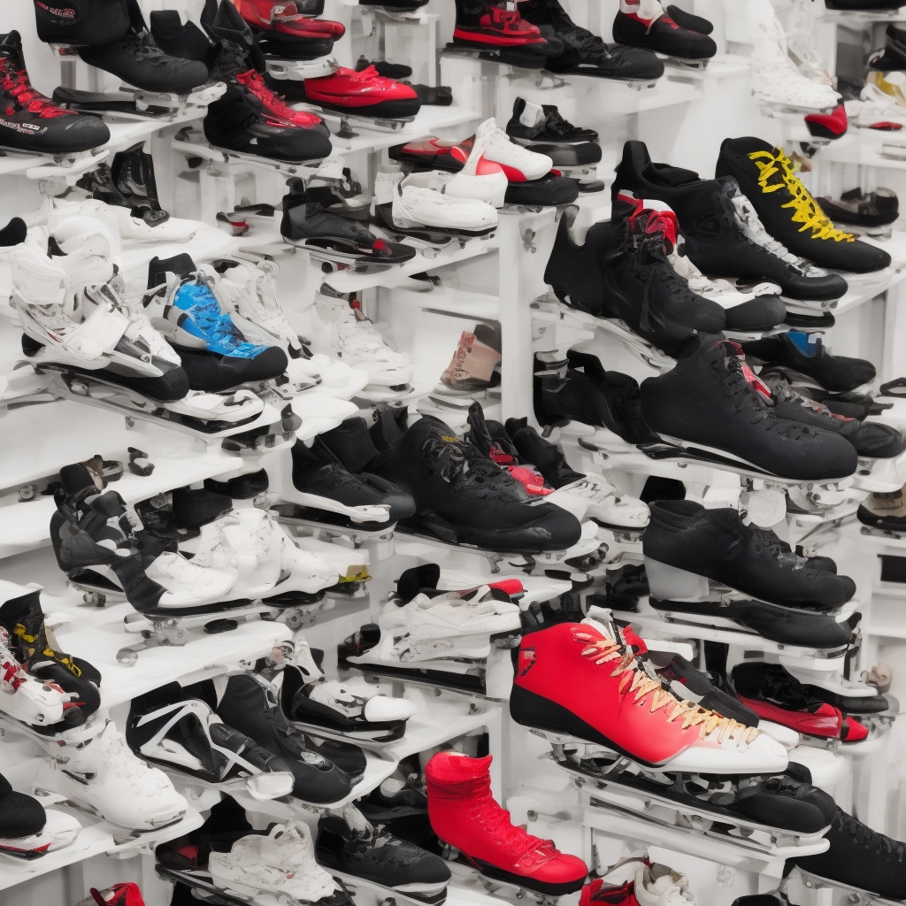 Collection of ice skates displayed on white shelving units