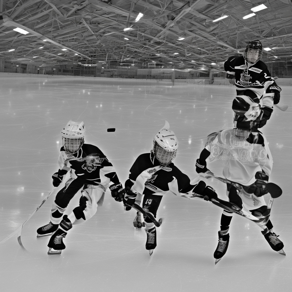 Multiple young hockey players in protective gear practicing on indoor ice rink